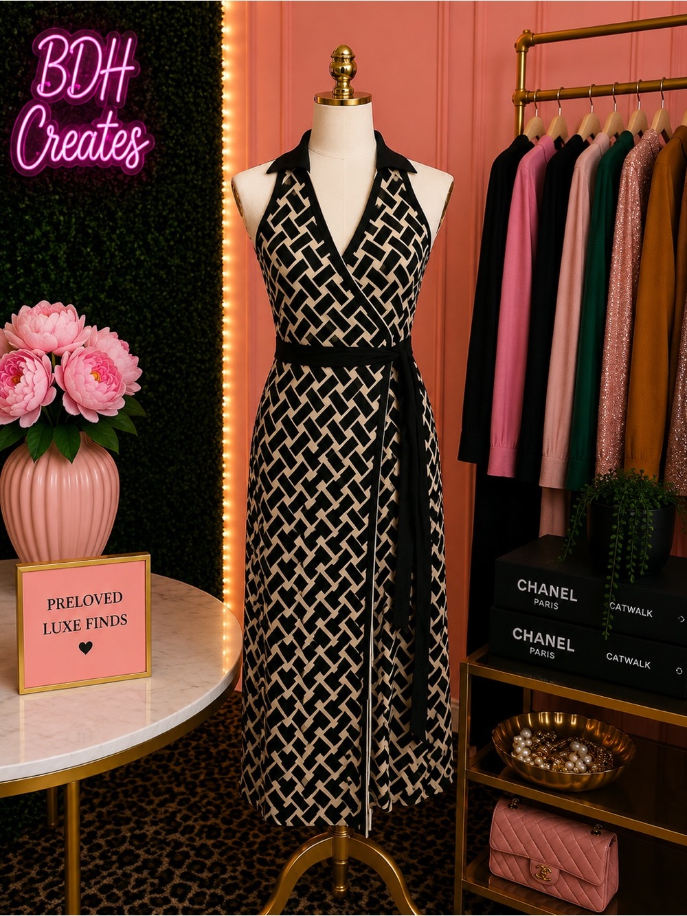 Sleeveless Collared Wrap Midi Dress in Black and Cream